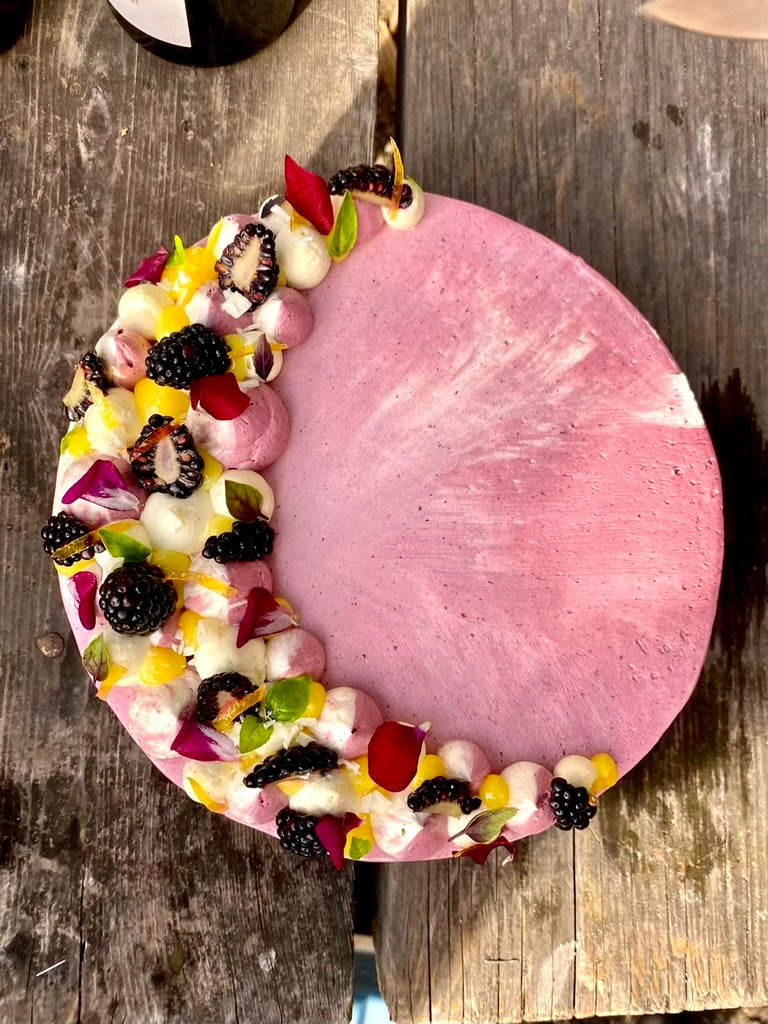 Marion Blackberry Cake with Marion blackberry Mousse, Lemon Curd, Swirled Blackberry & Vanilla Buttercream, Vanilla Bean Cream